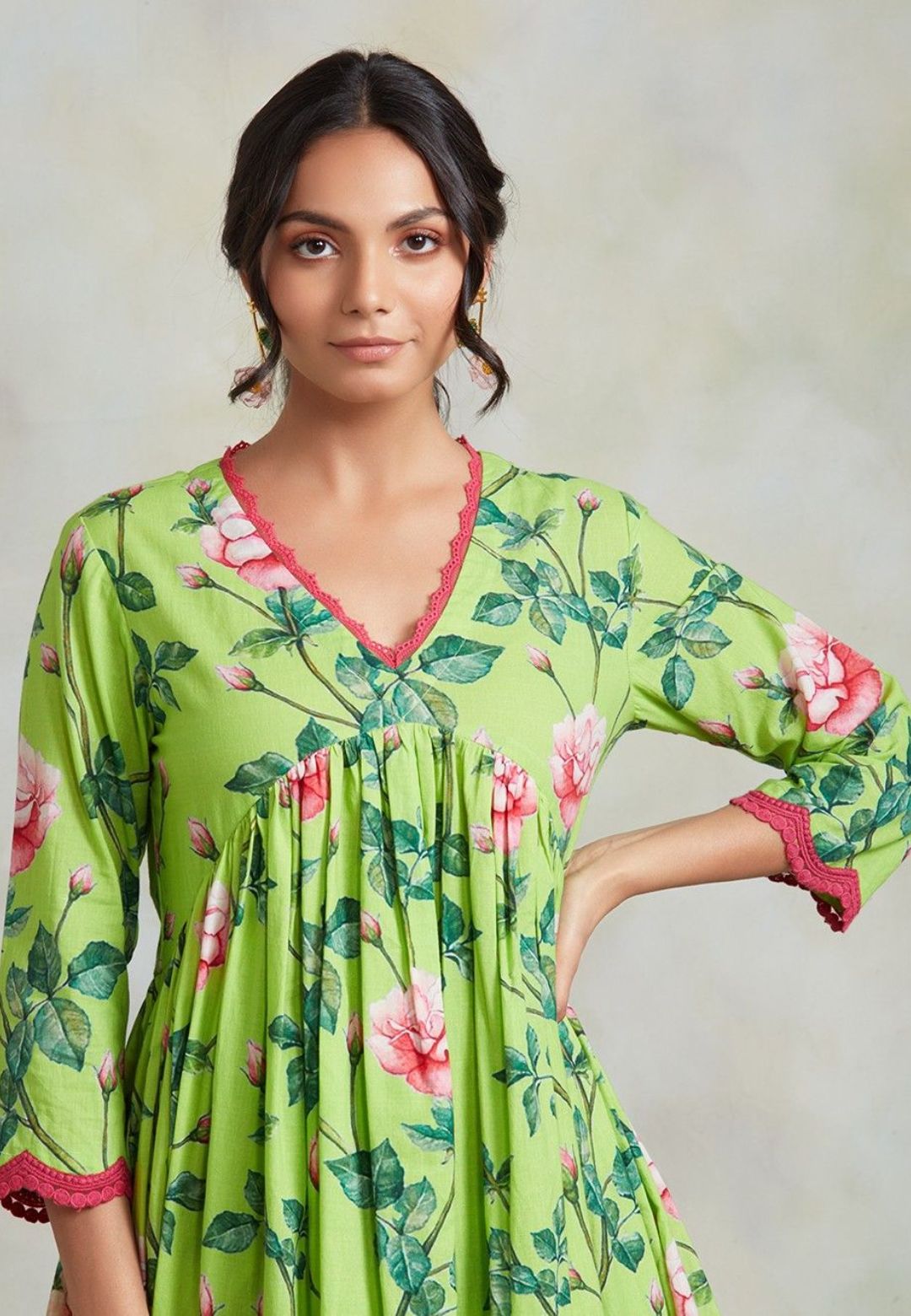 GREEN FLORAL COTTON GATHERED SUIT SET