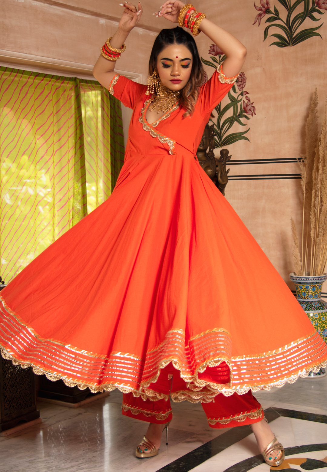 ORANGE GOTALACE COTTON ANARKALI SUIT SET