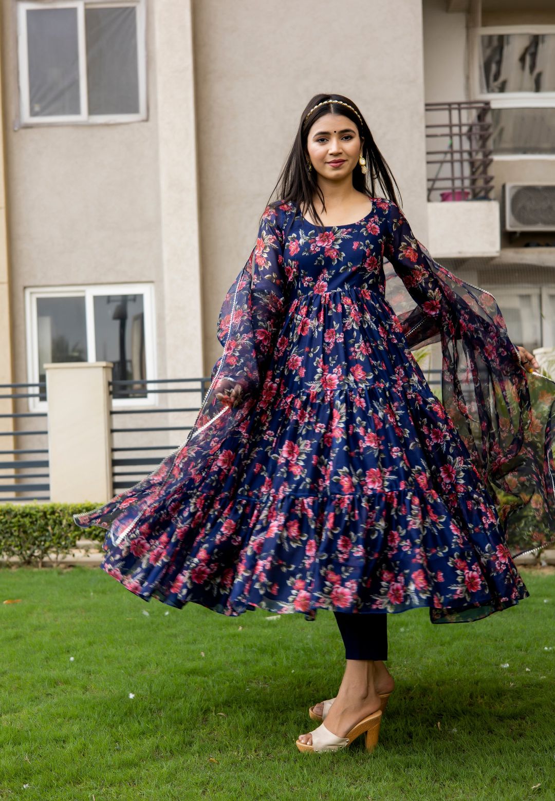 NAVY BLUE FLORAL CHIFFON ANARKALI SUIT SET