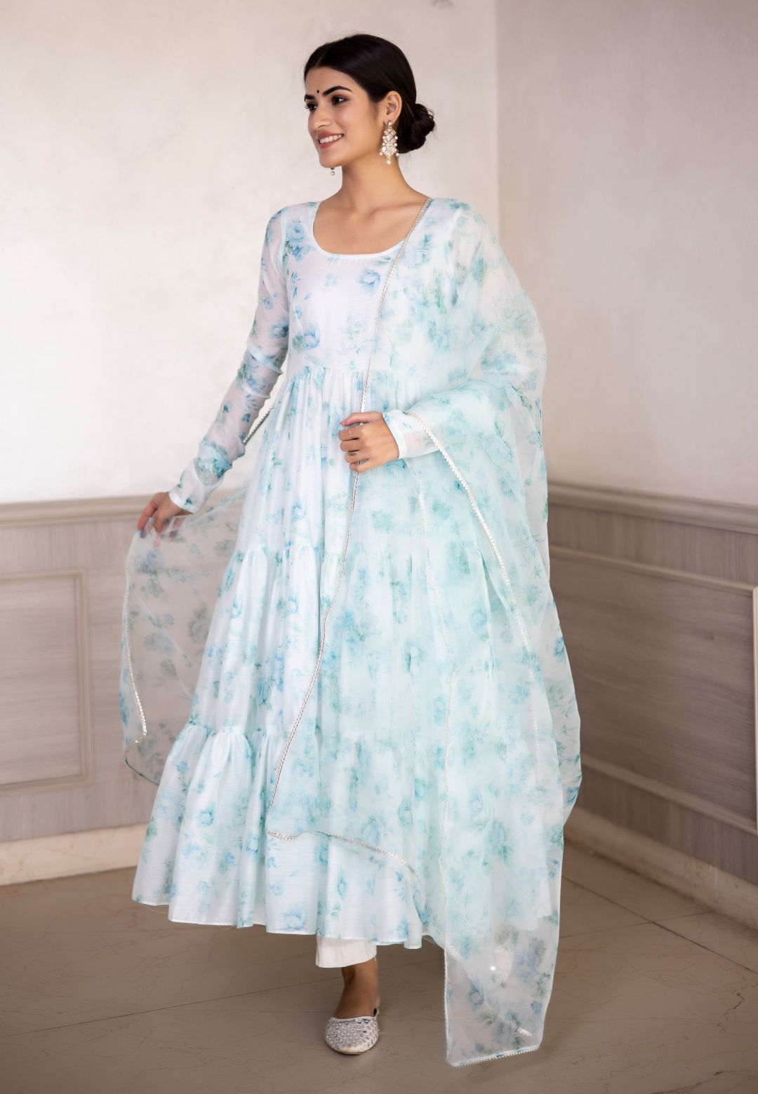 AQUA BLUE FLORAL CHIFFON ANARKALI SUIT SET