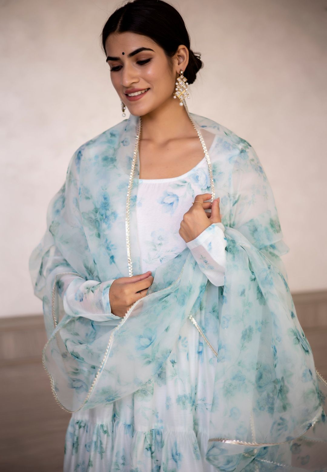 AQUA BLUE FLORAL CHIFFON ANARKALI SUIT SET