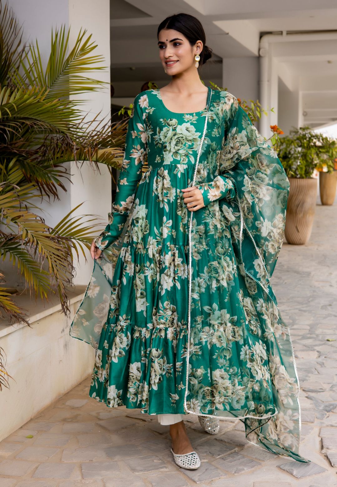 GREEN GHOOMAR CHANDERI FLORAL ANARKALI SUIT SET
