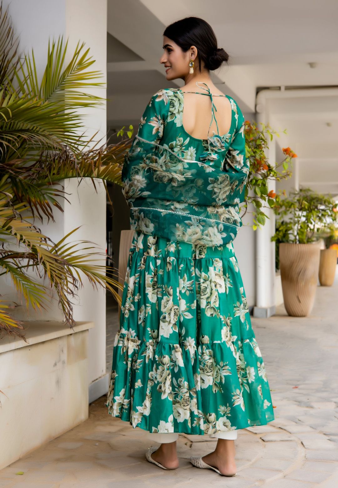 GREEN GHOOMAR CHANDERI FLORAL ANARKALI SUIT SET