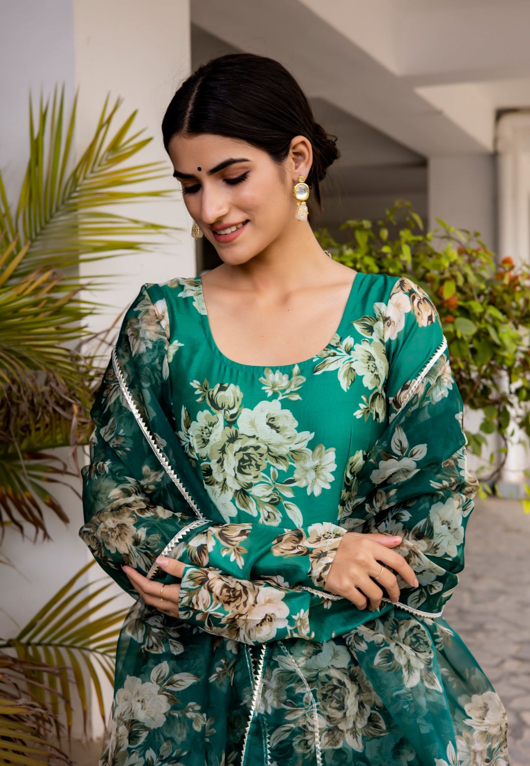 GREEN GHOOMAR CHANDERI FLORAL ANARKALI SUIT SET