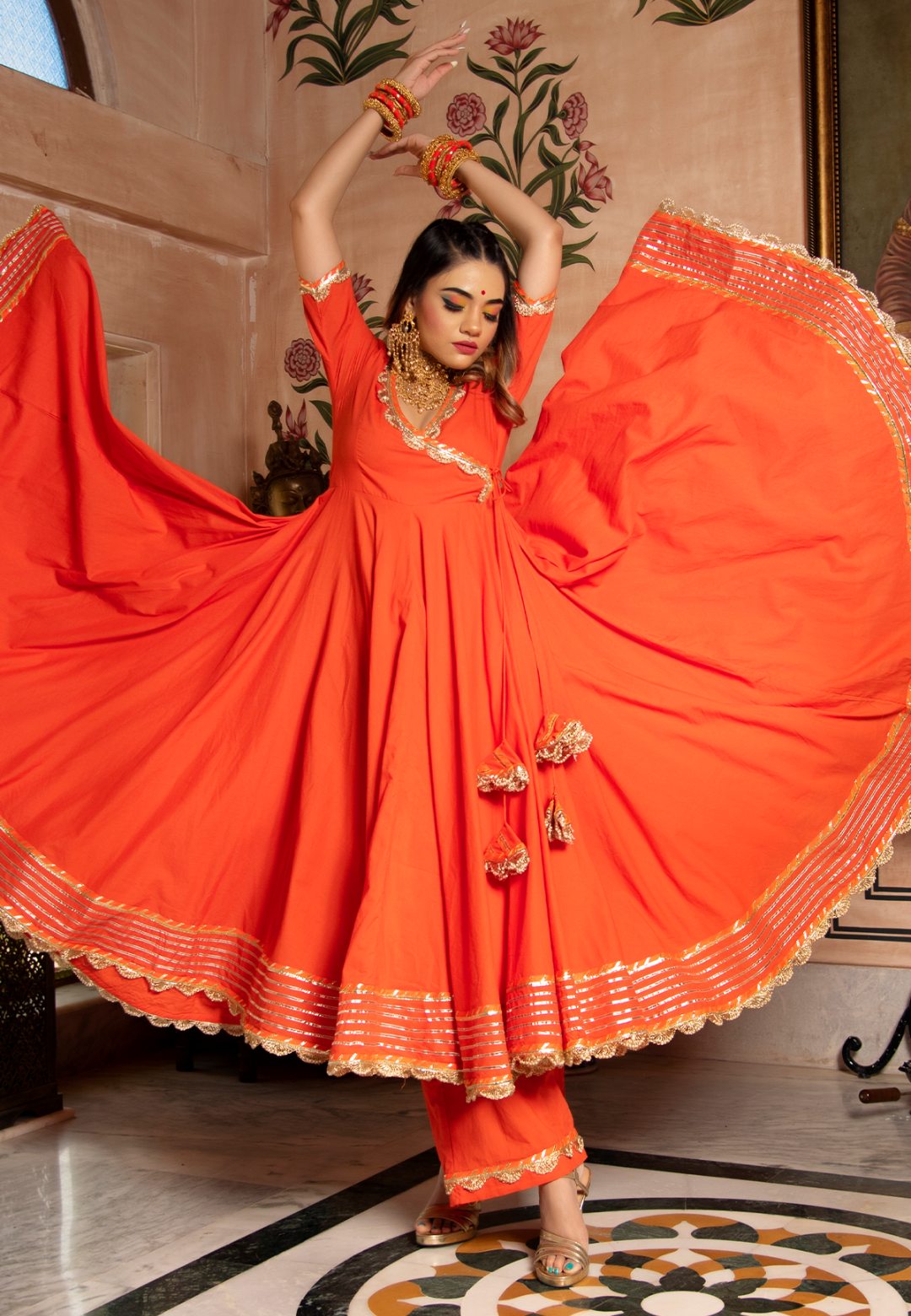 ORANGE GOTALACE COTTON ANARKALI SUIT SET