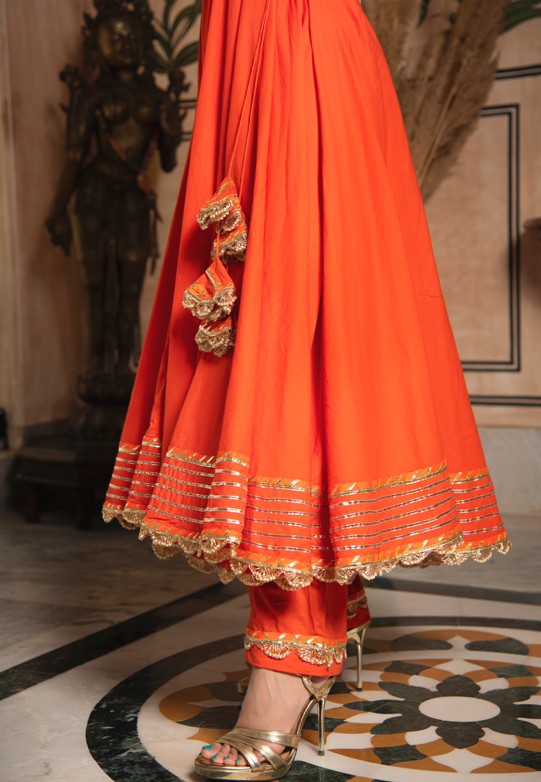 ORANGE GOTALACE COTTON ANARKALI SUIT SET