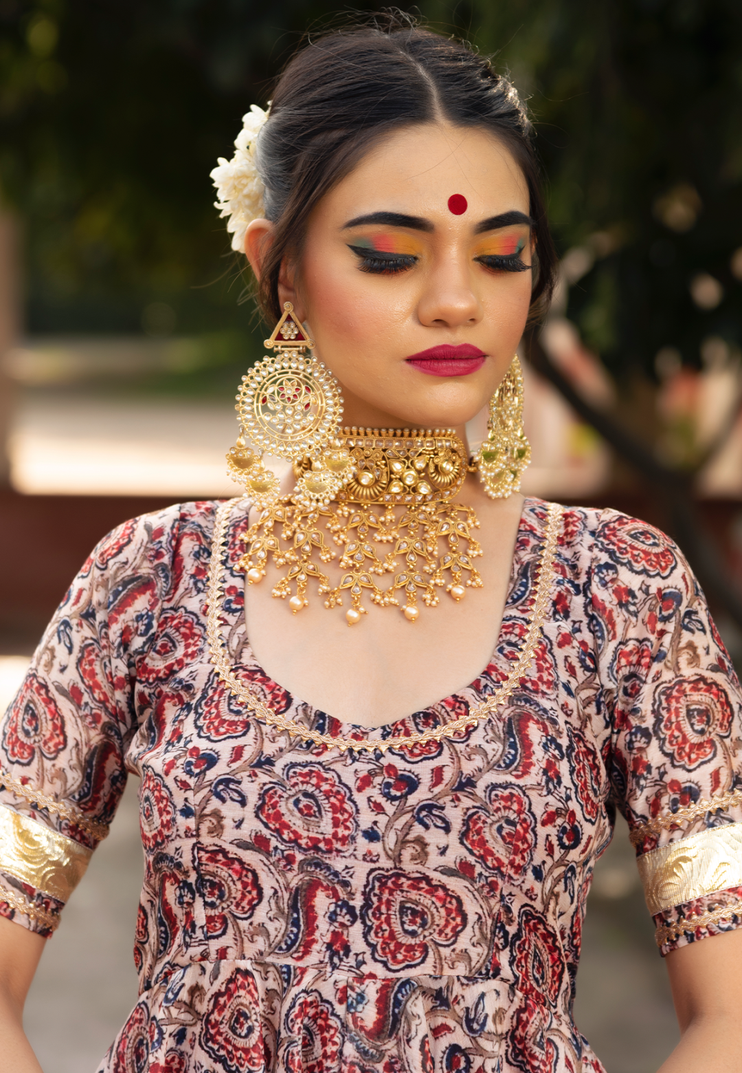 RED FLORAL CHANDERI ANARKALI SUIT SET