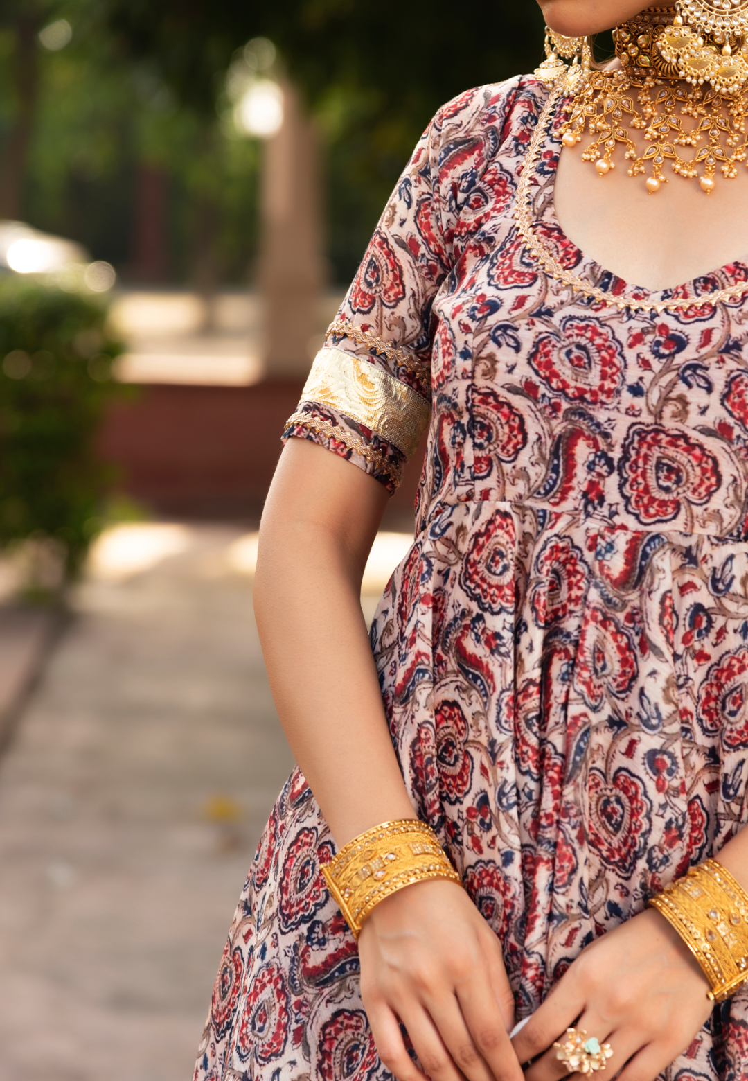 RED FLORAL CHANDERI ANARKALI SUIT SET