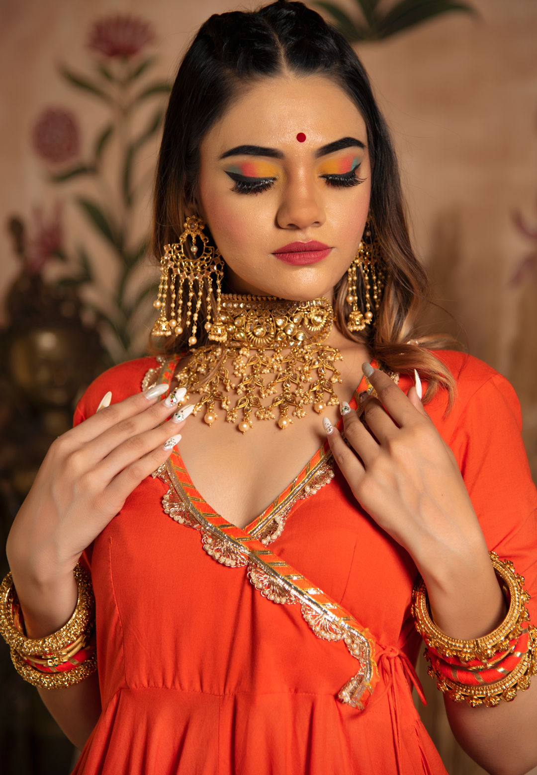 ORANGE GOTALACE COTTON ANARKALI SUIT SET