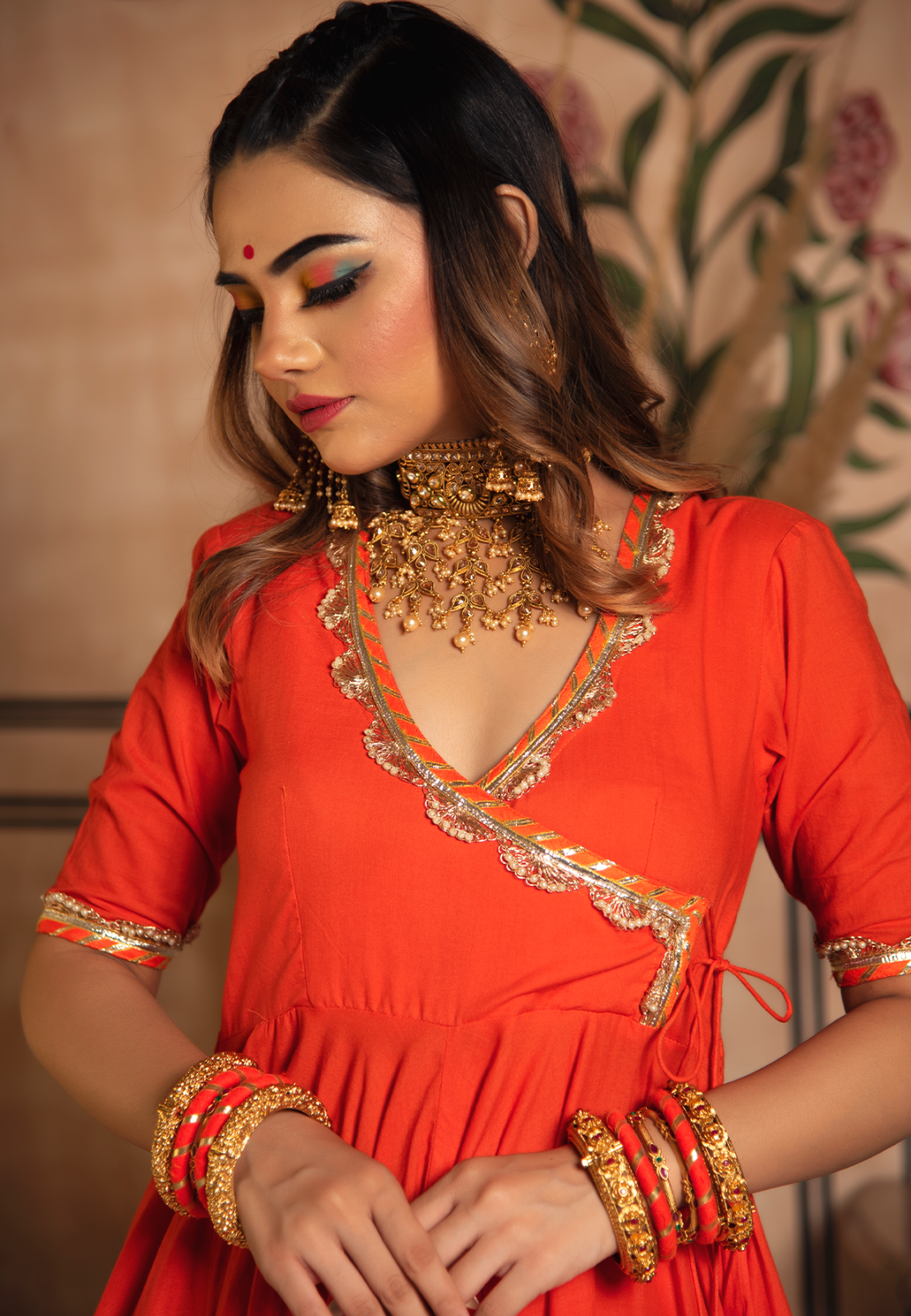 ORANGE GOTALACE COTTON ANARKALI SUIT SET