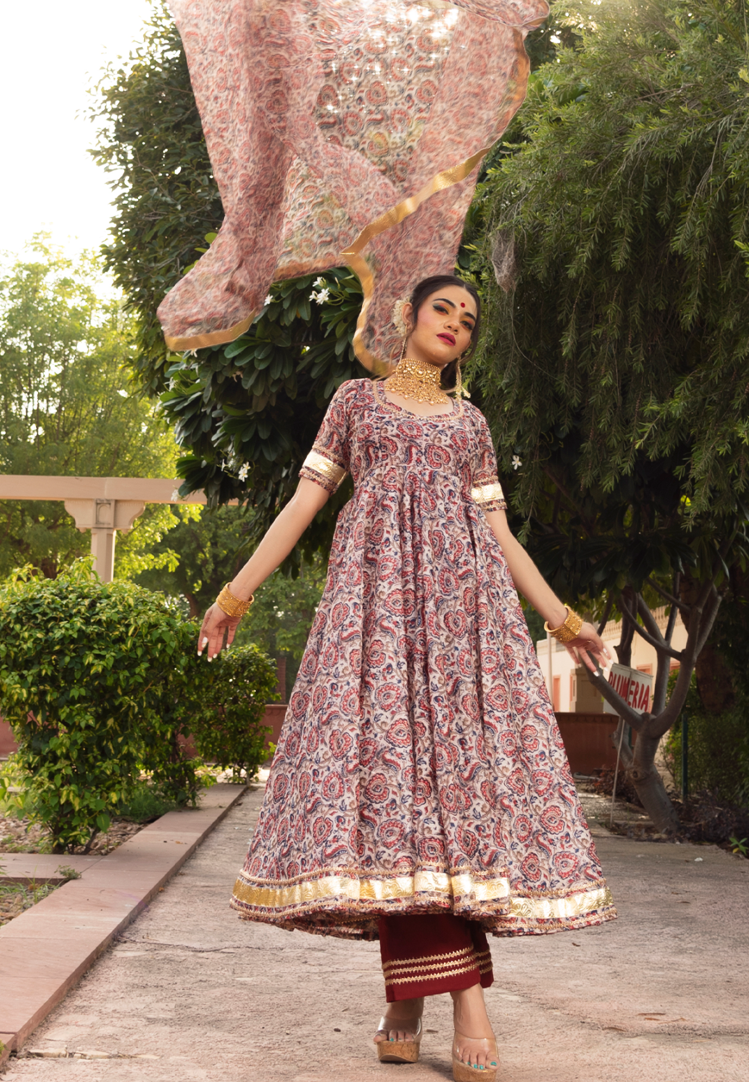 RED FLORAL CHANDERI ANARKALI SUIT SET