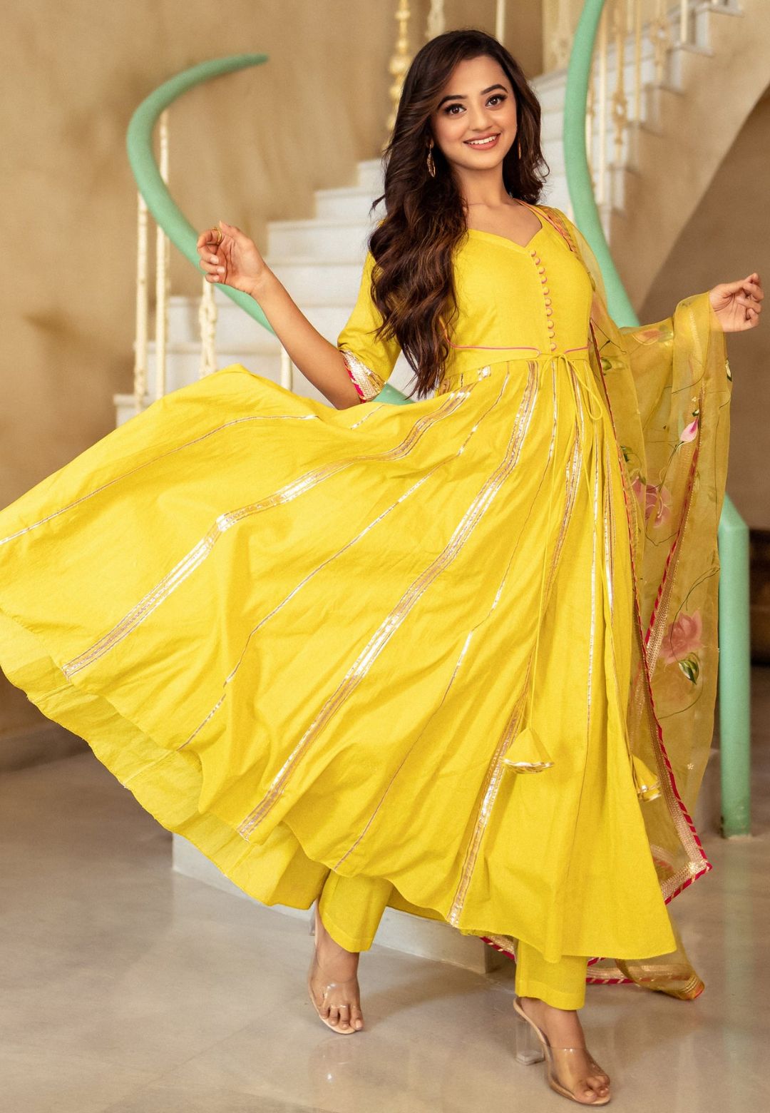 YELLOW COTTON HANDPAINTED ANARKALI SUIT SET