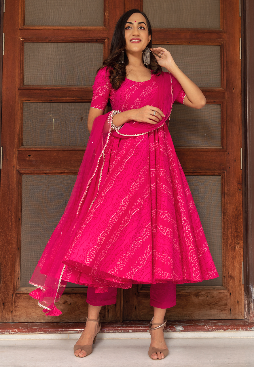 PINK BANDHEJ ANARKALI SUIT SET
