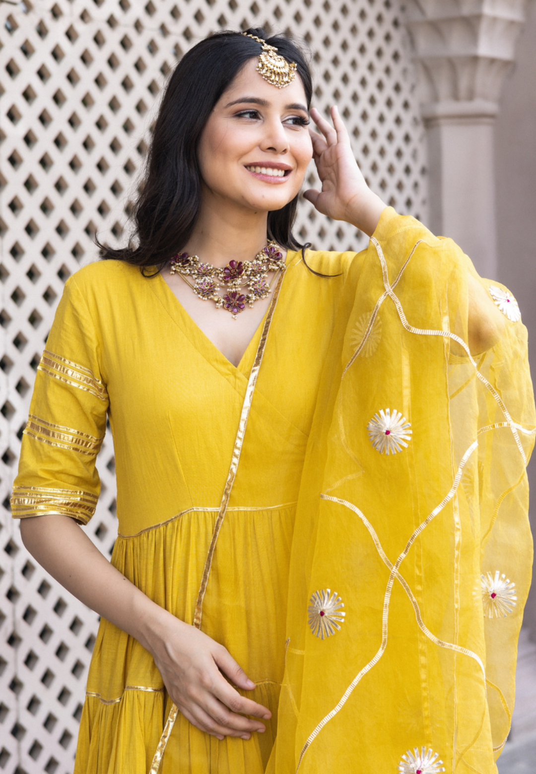 MUSTARD YELLOW COTTON ANARKALI SUIT SET