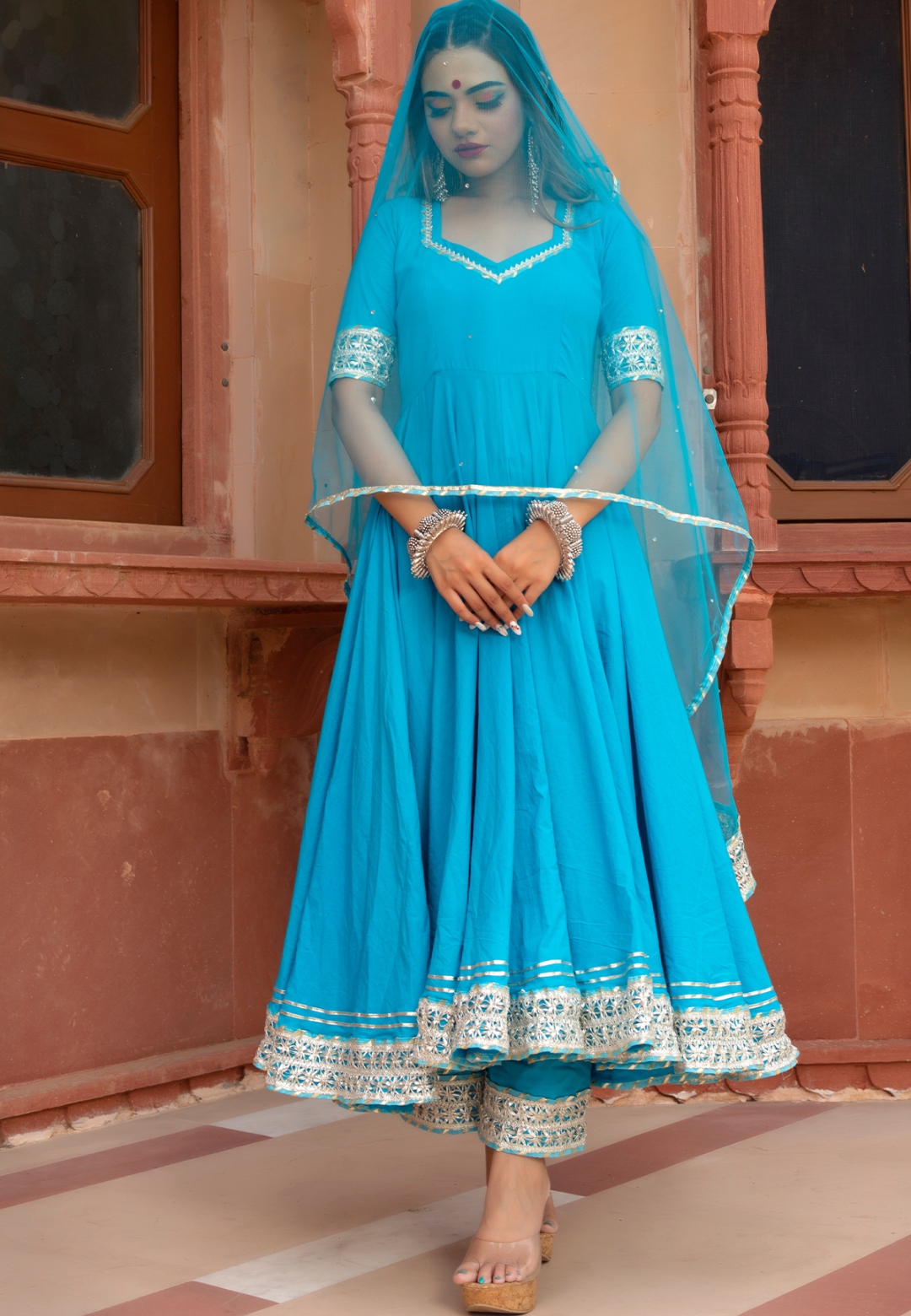 BLUE GOTALACE COTTON ANARKALI SUIT SET