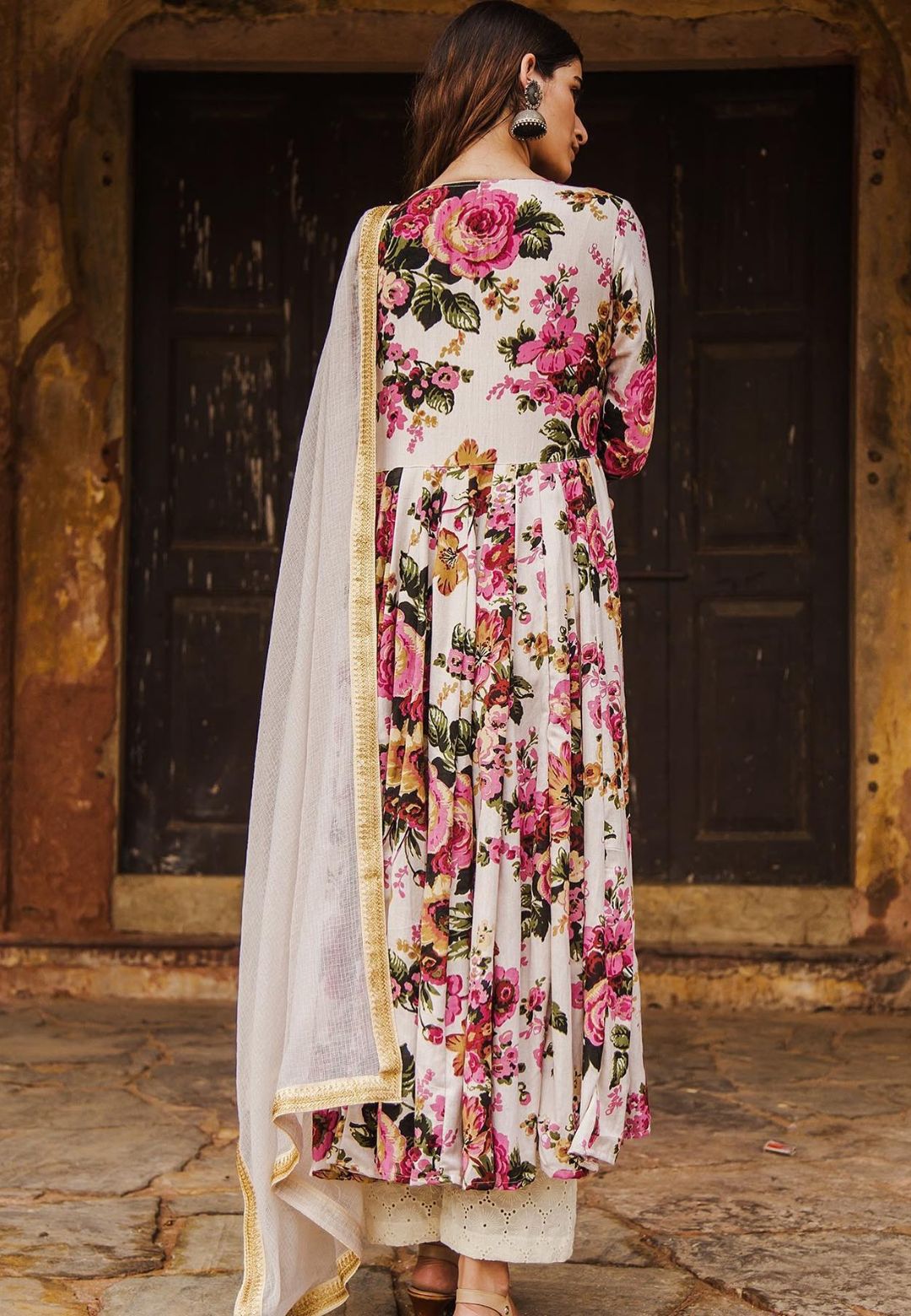 OFF WHITE COTTON FLORAL ANARKALI SET