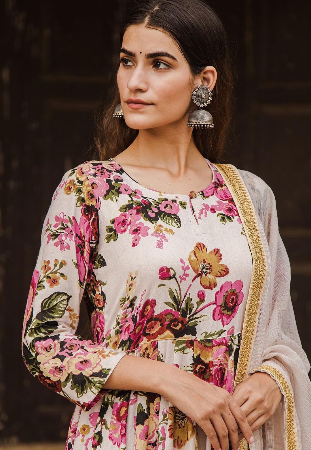 OFF WHITE COTTON FLORAL ANARKALI SET