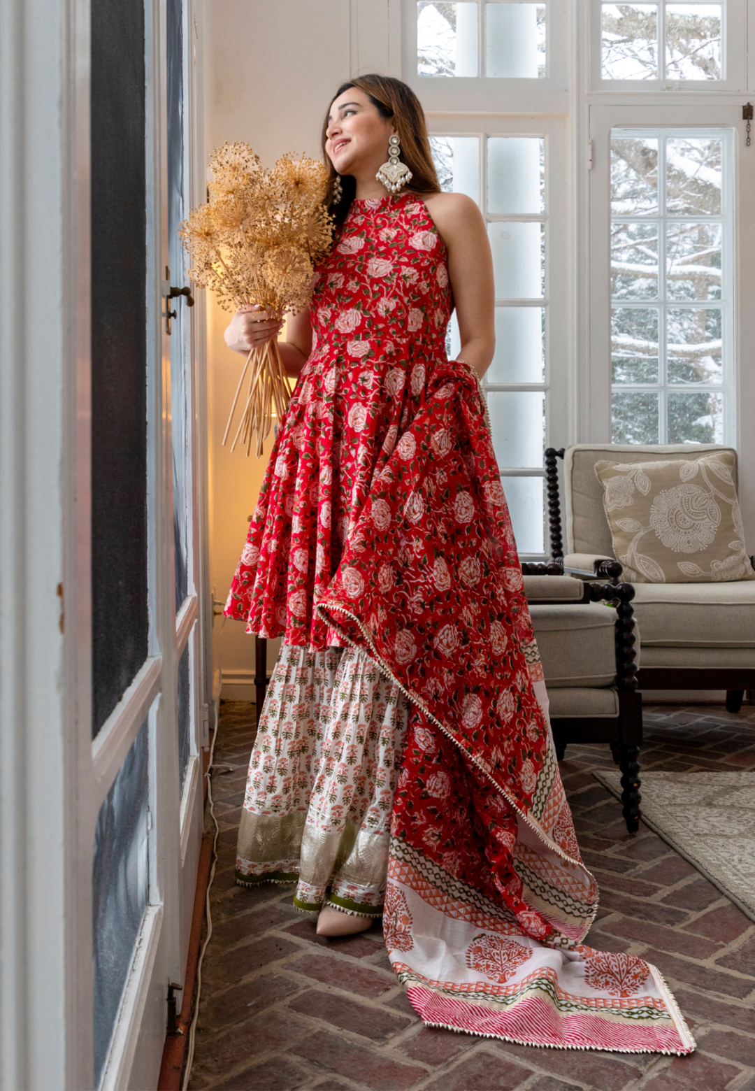 RED HALTER HANDBLOCK SHARARA SET
