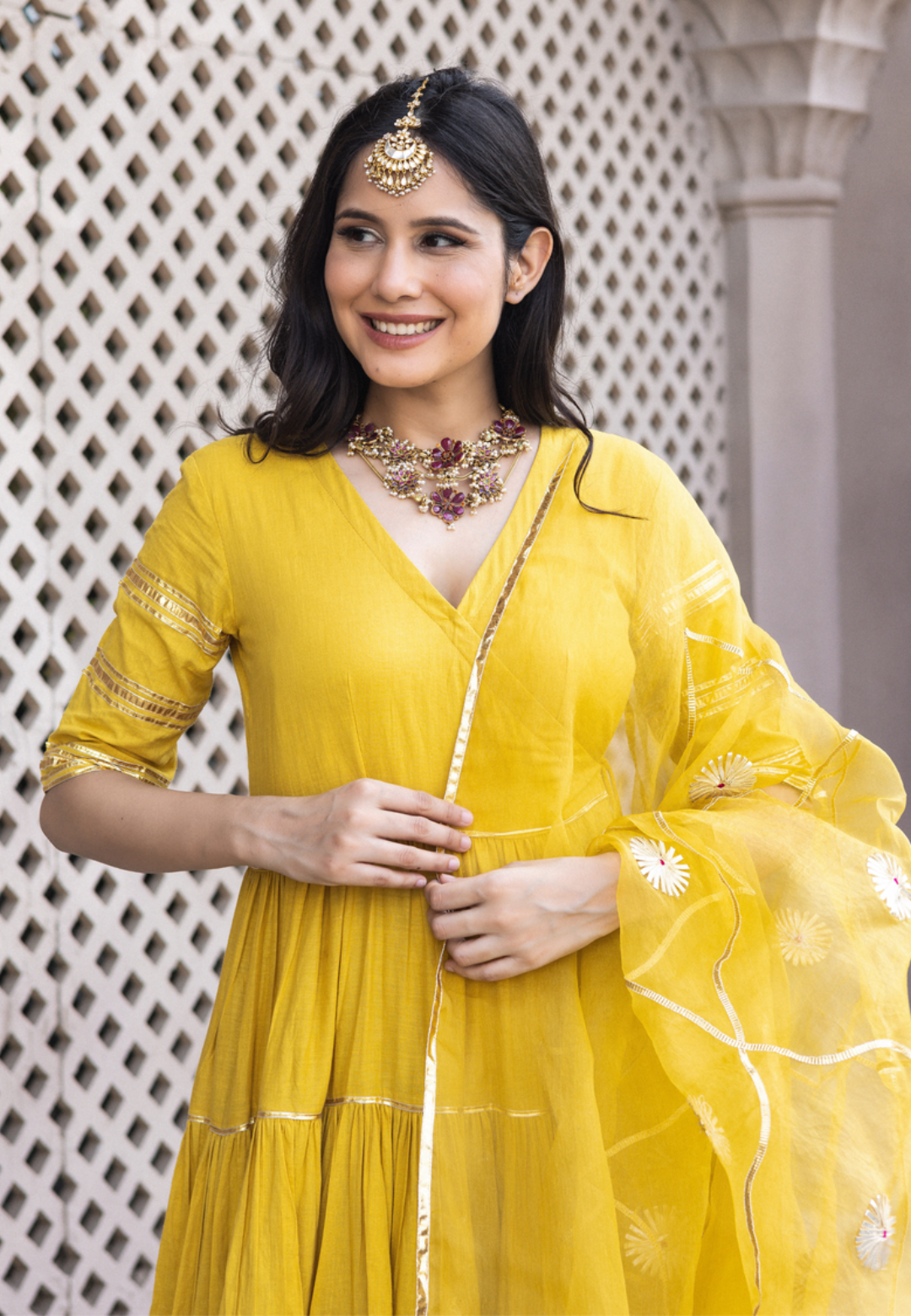 MUSTARD YELLOW COTTON ANARKALI SUIT SET