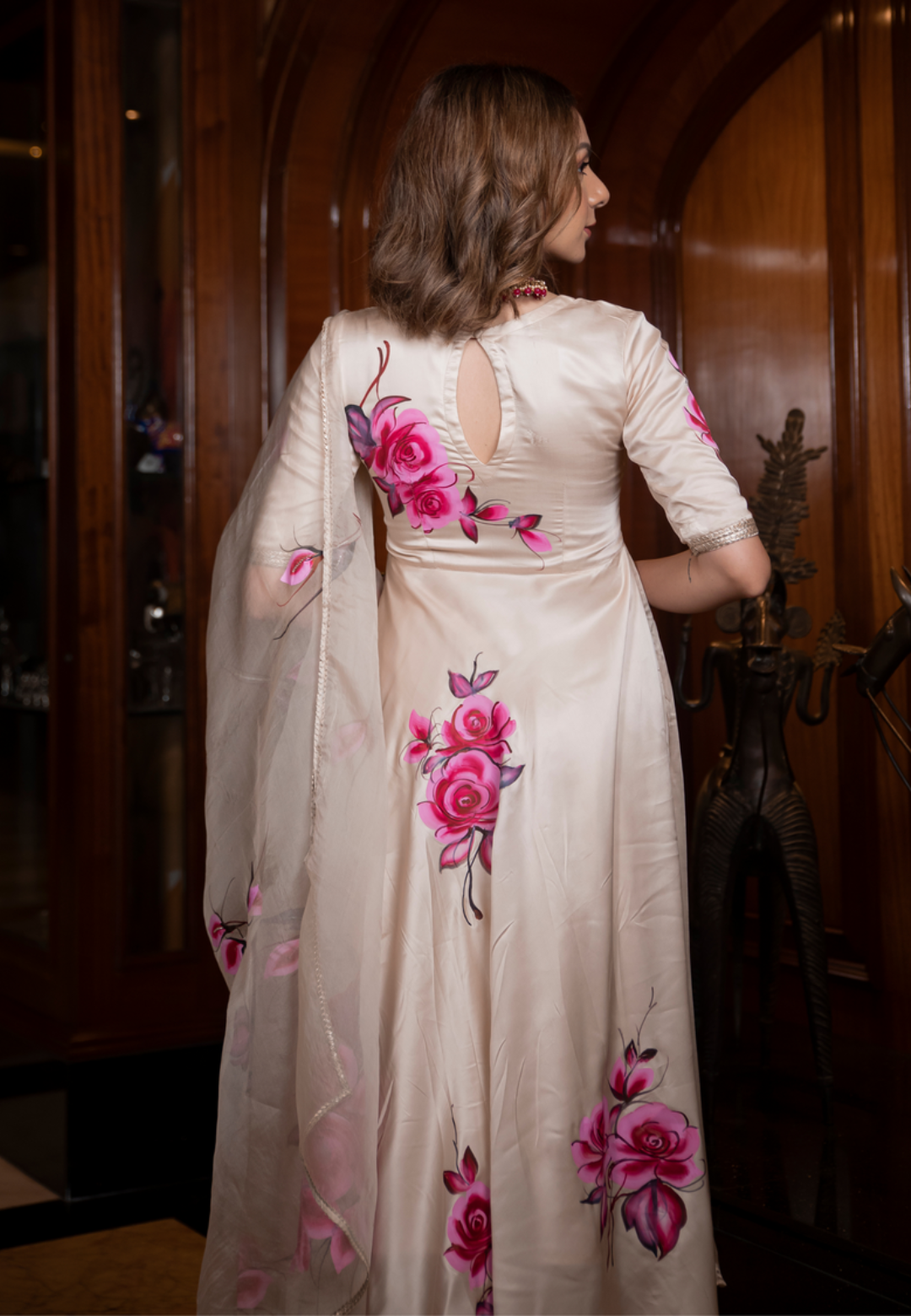 BEIGE SATIN SILK ANARKALI SUIT SET