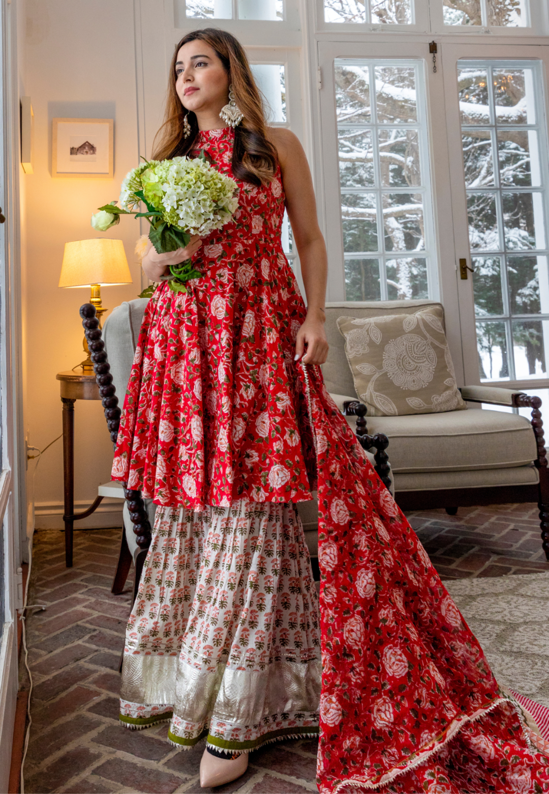 RED HALTER HANDBLOCK SHARARA SET