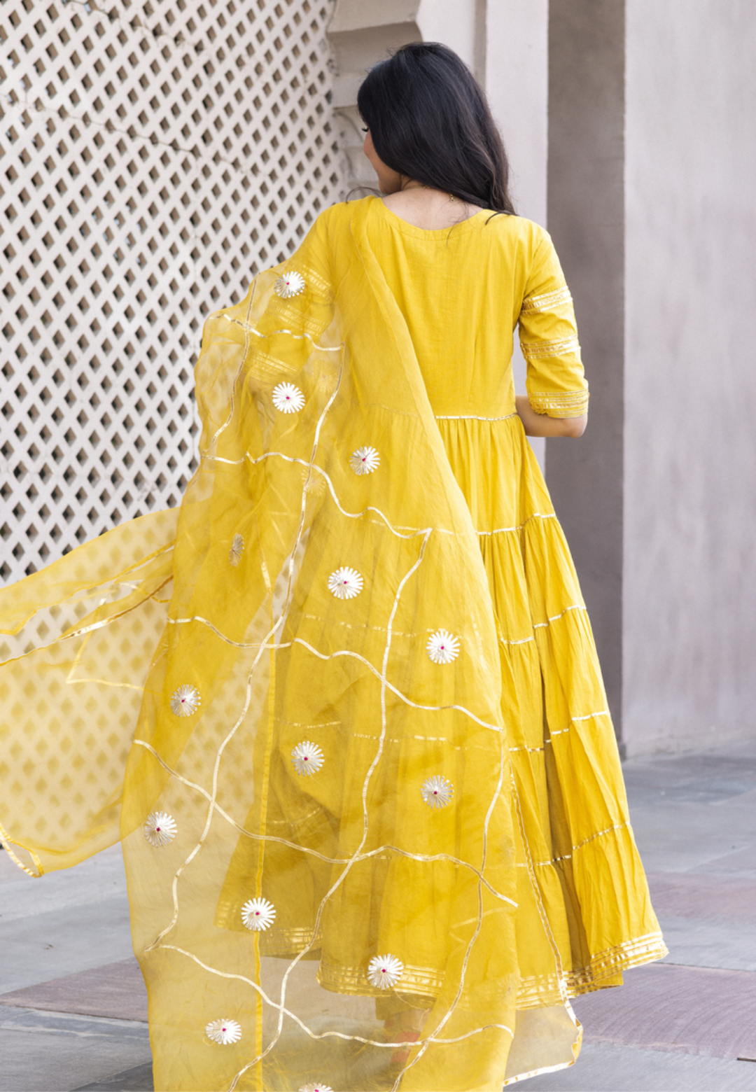 MUSTARD YELLOW COTTON ANARKALI SUIT SET