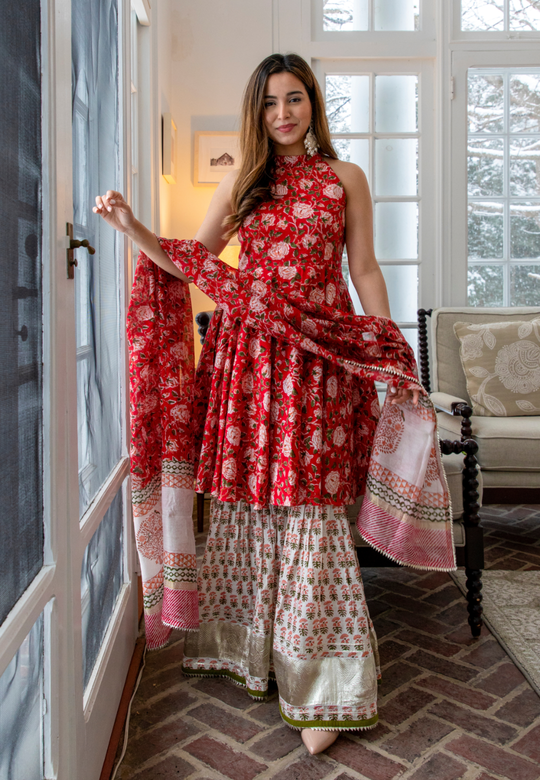 RED HALTER HANDBLOCK SHARARA SET
