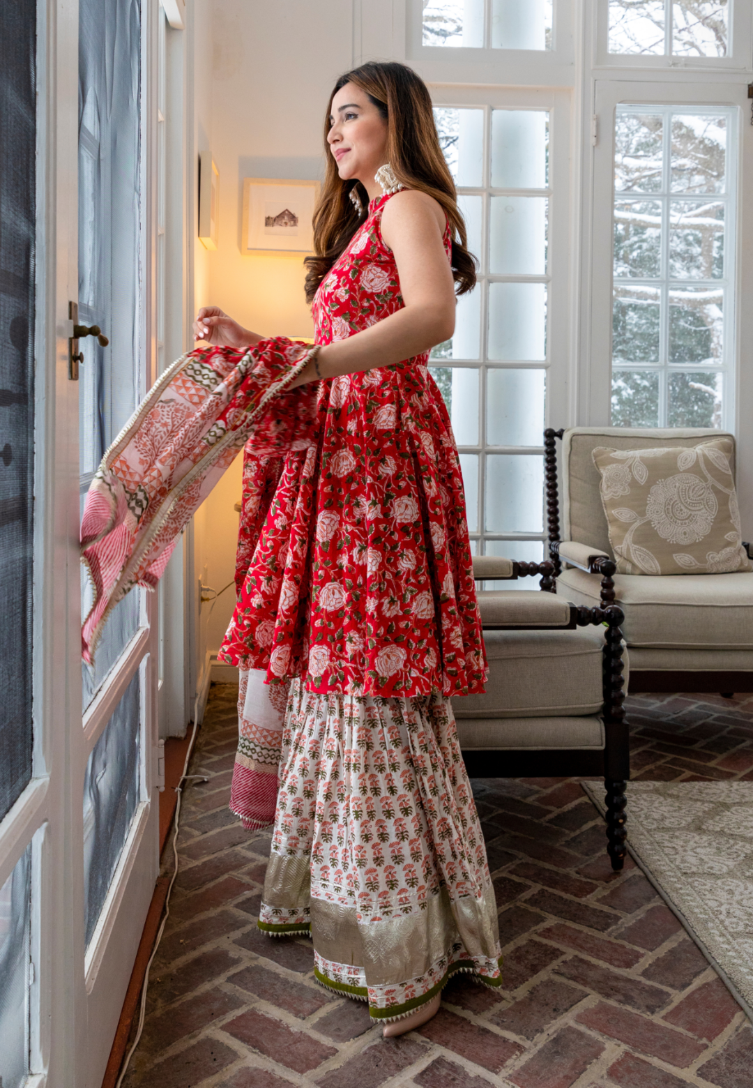 RED HALTER HANDBLOCK SHARARA SET