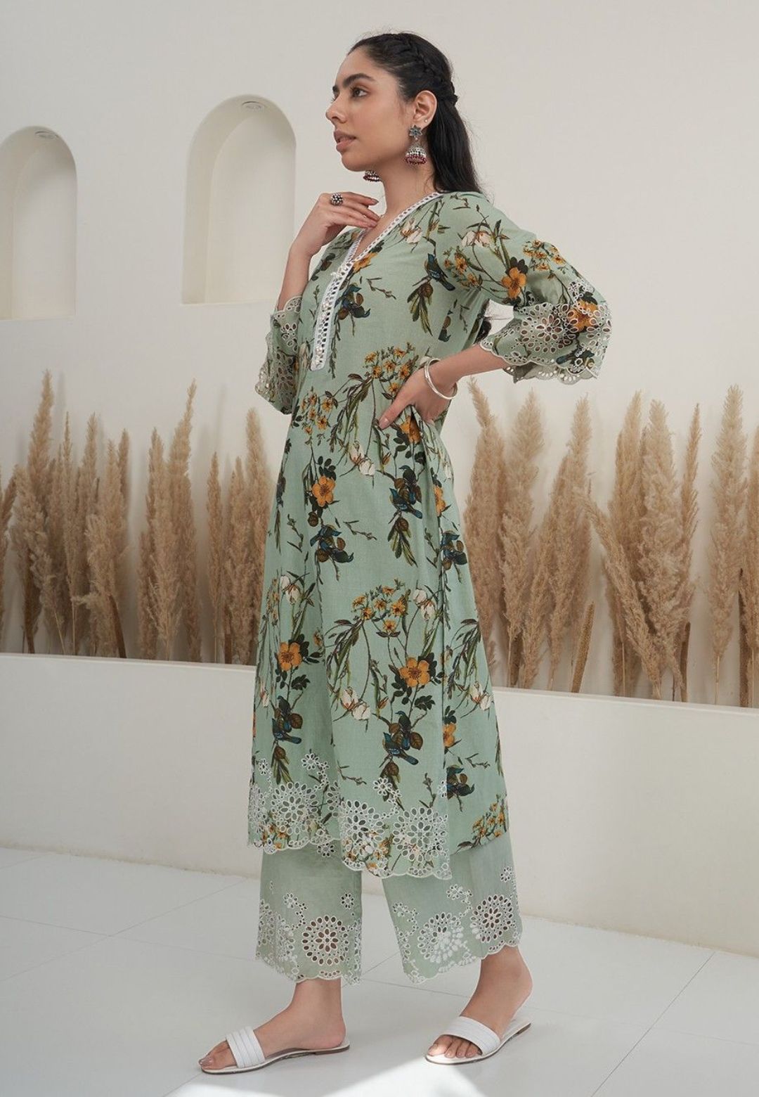 GREEN COTTON EMBROIDERED KURTA PALAZZO SET