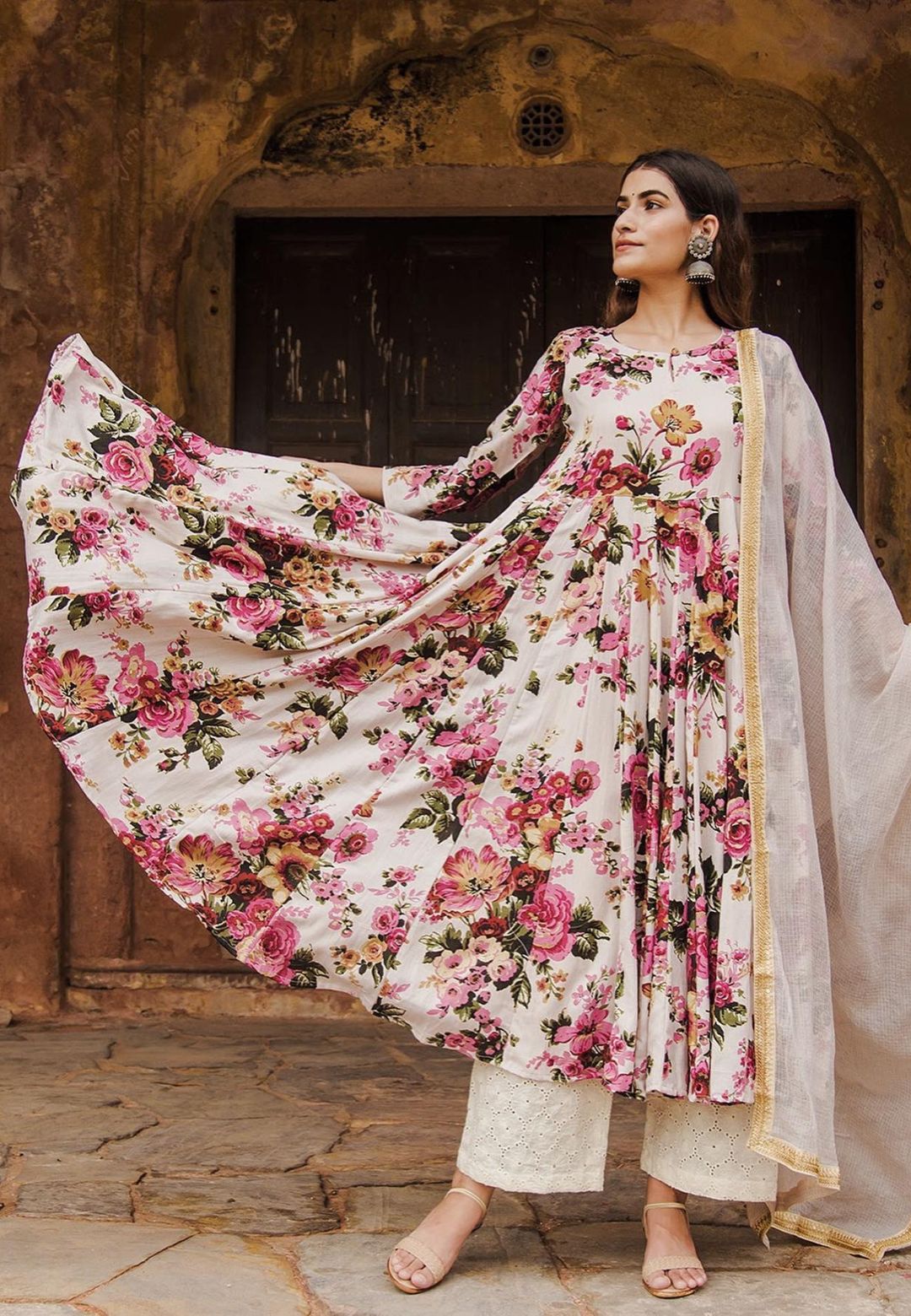 OFF WHITE COTTON FLORAL ANARKALI SET