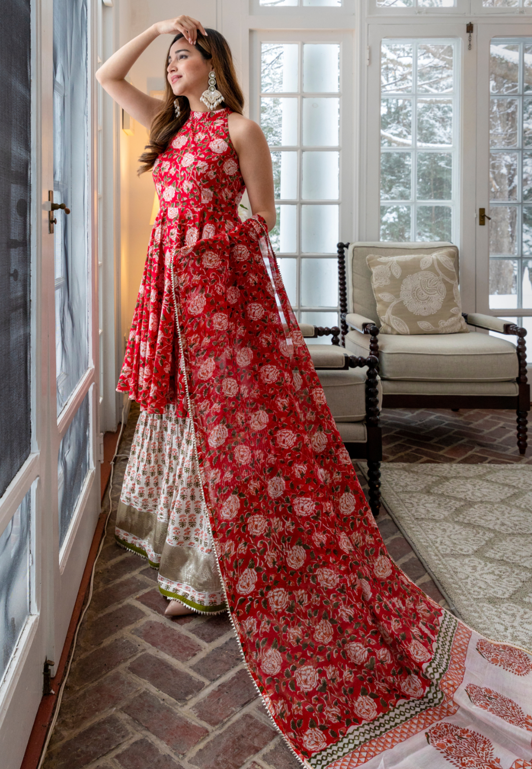 RED HALTER HANDBLOCK SHARARA SET