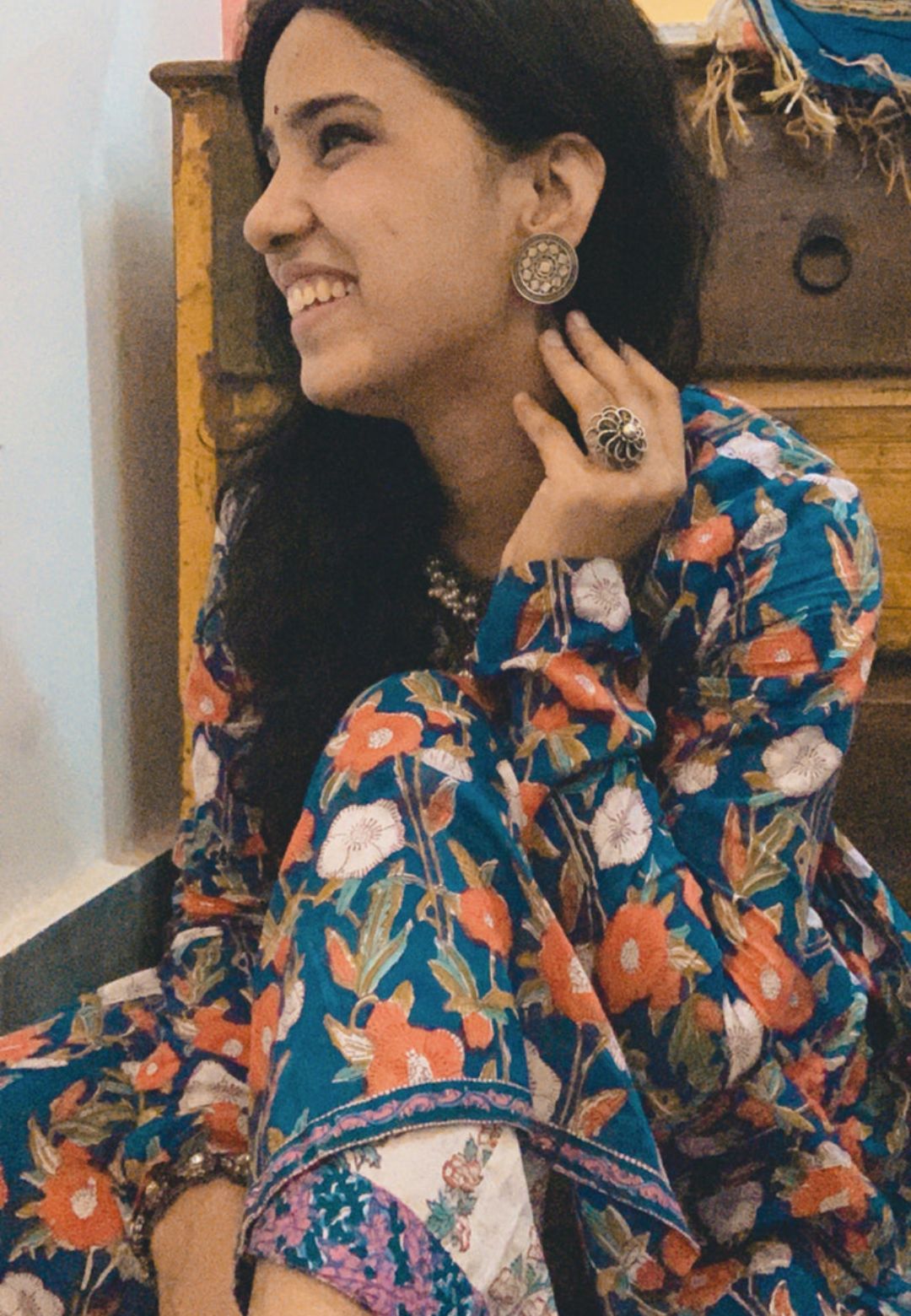 BLUE FLORAL ANARKALI FULL SLEEVES SUIT SET