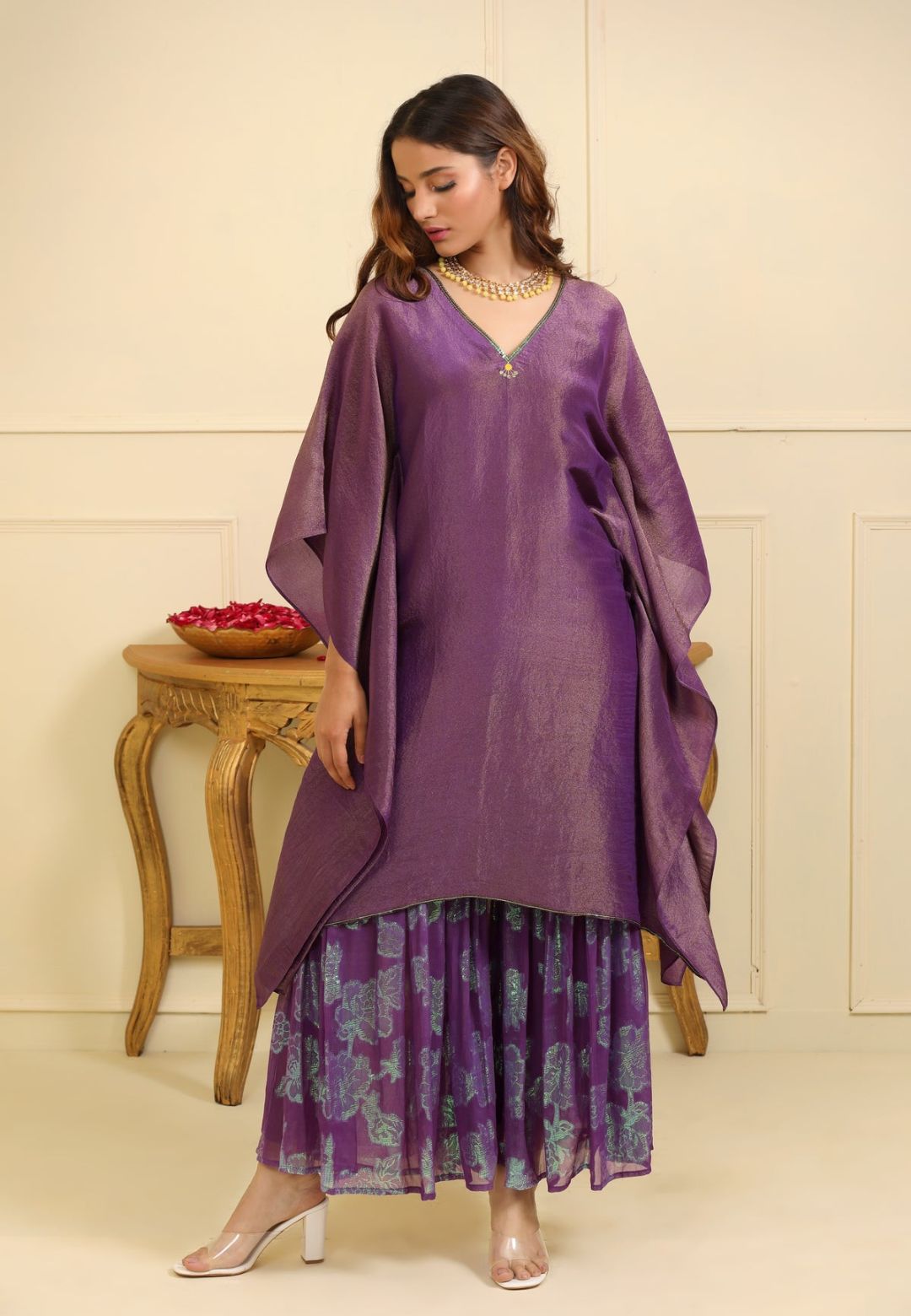 PURPLE KAFTAN SILK TISSUE SHARARA SET