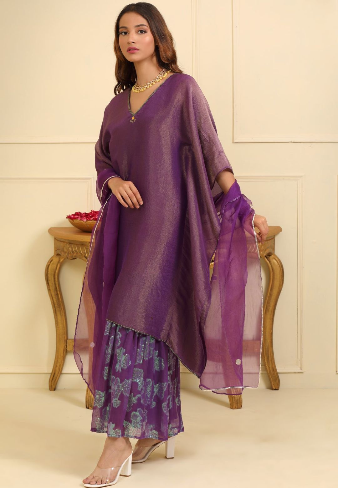 PURPLE KAFTAN SILK TISSUE SHARARA SET