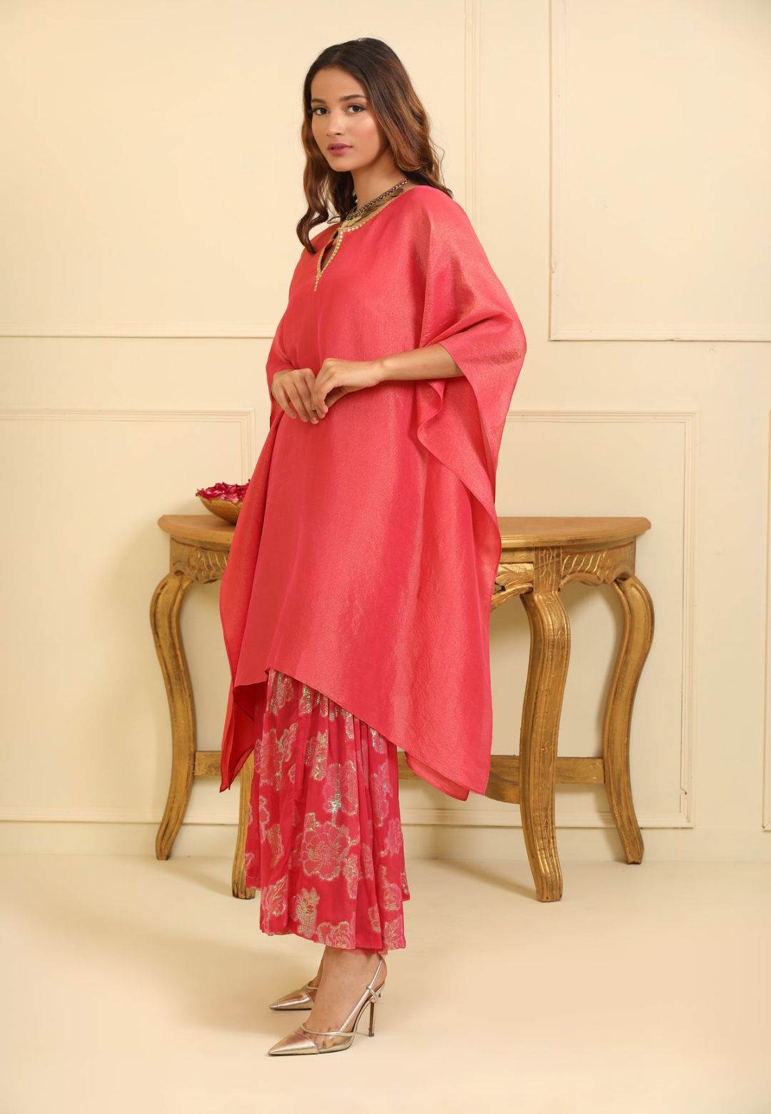PINK KAFTAN SILK TISSUE SHARARA SET