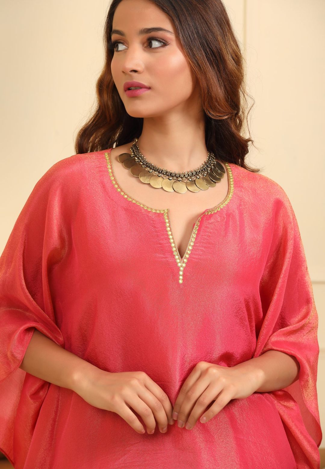 PINK KAFTAN SILK TISSUE SHARARA SET