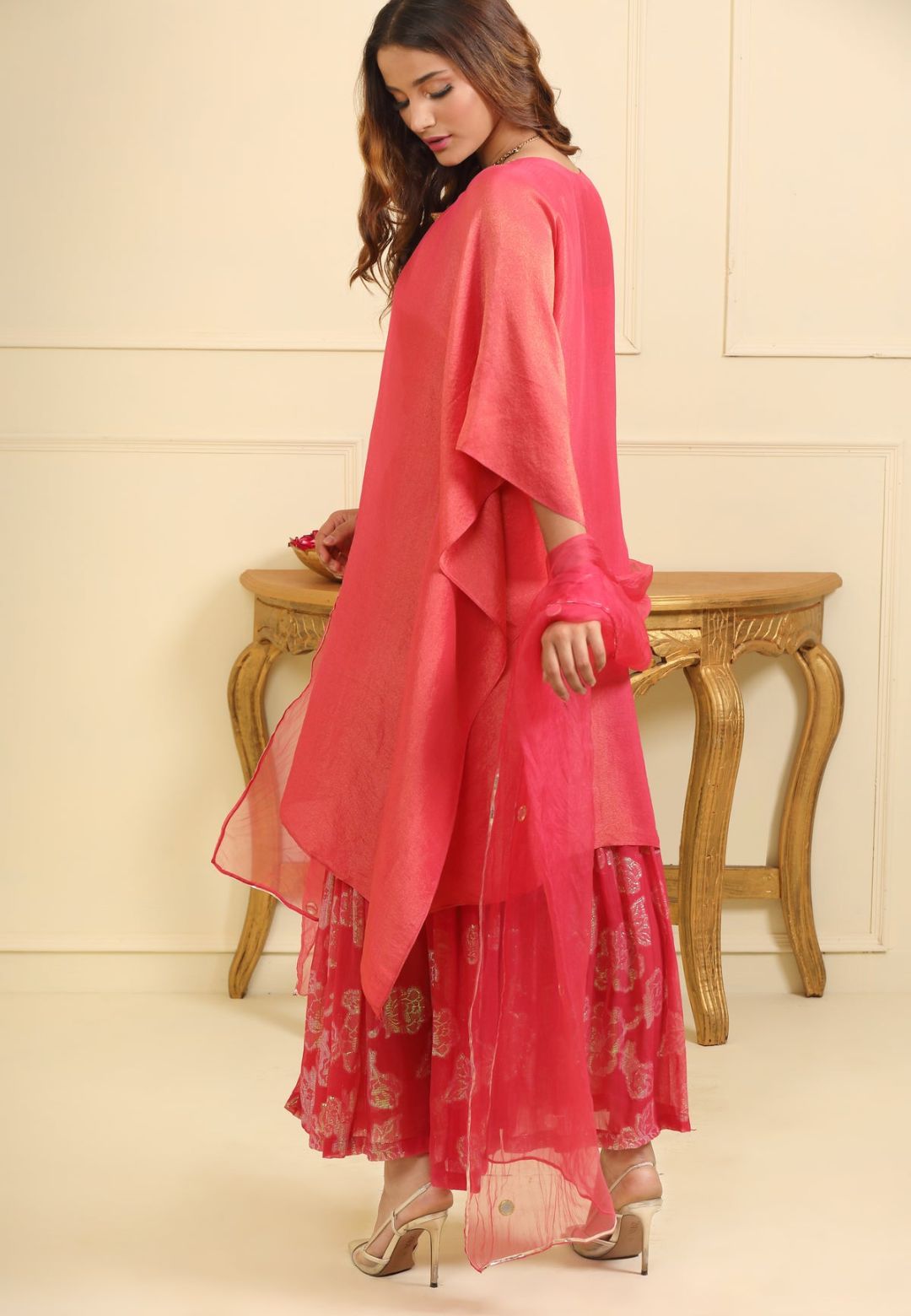 PINK KAFTAN SILK TISSUE SHARARA SET