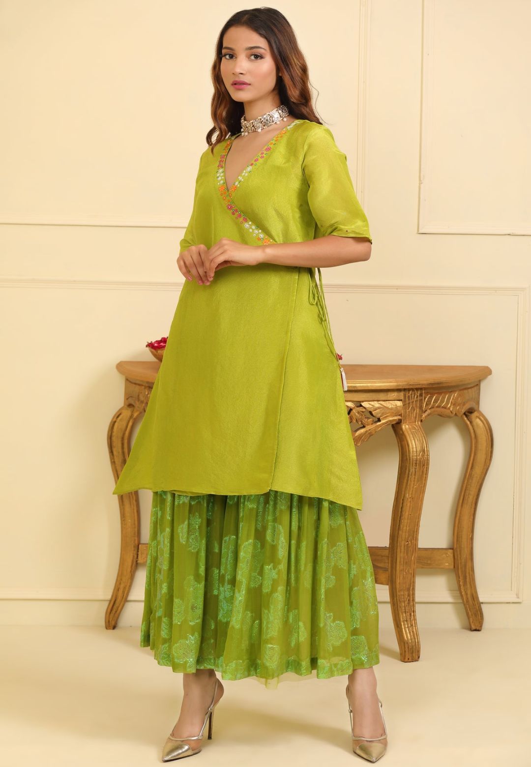 GREEN SILK TISSUE ANGRAKHA SHARARA SUIT SET