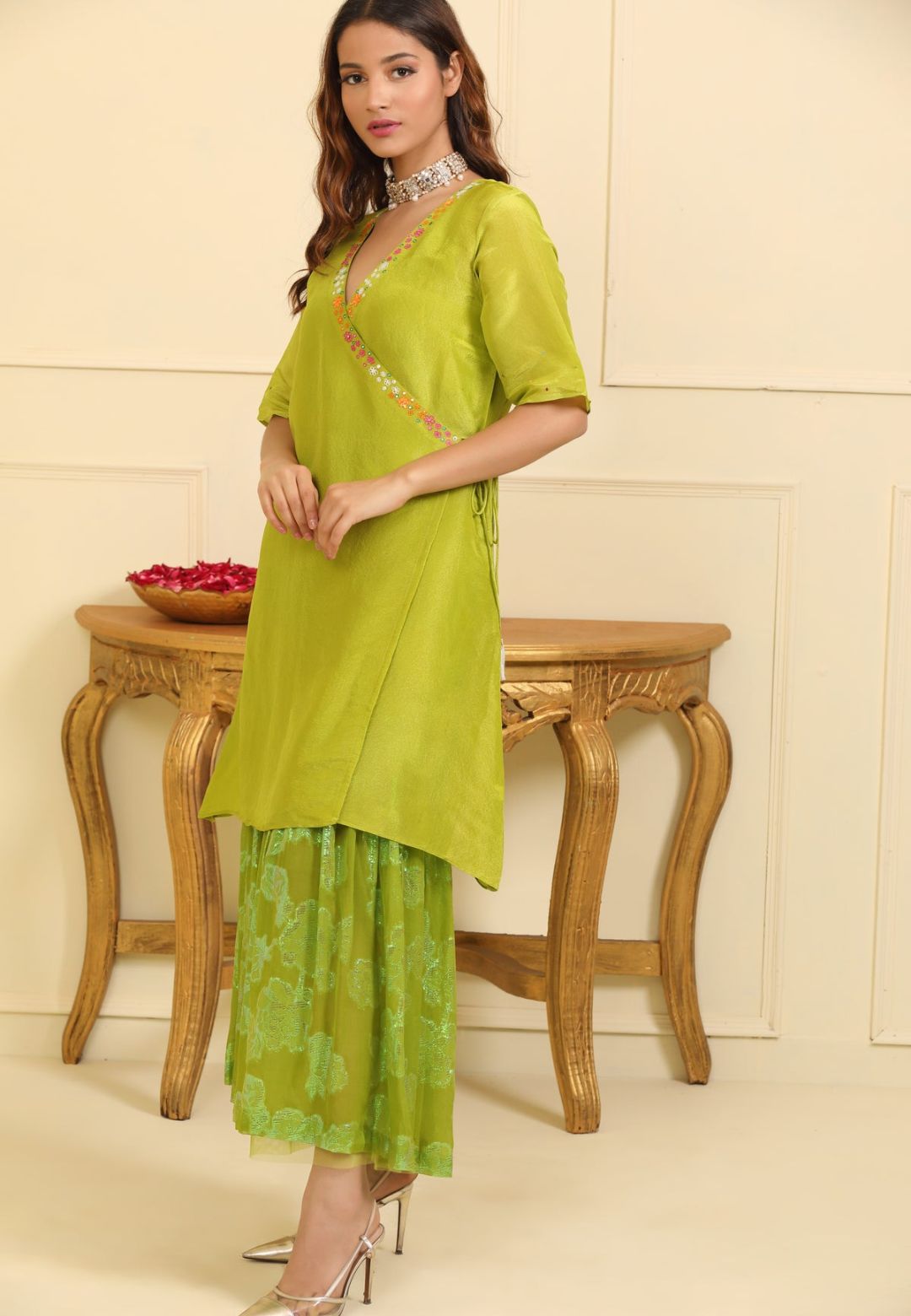 GREEN SILK TISSUE ANGRAKHA SHARARA SUIT SET
