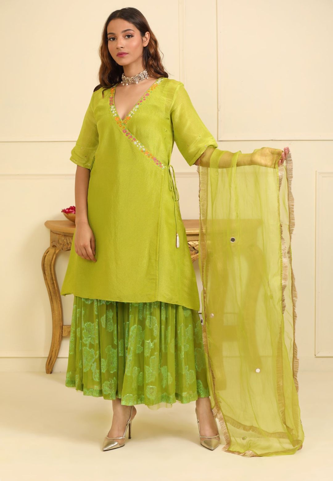 GREEN SILK TISSUE ANGRAKHA SHARARA SUIT SET