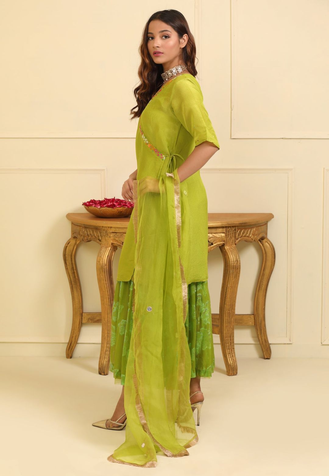 GREEN SILK TISSUE ANGRAKHA SHARARA SUIT SET