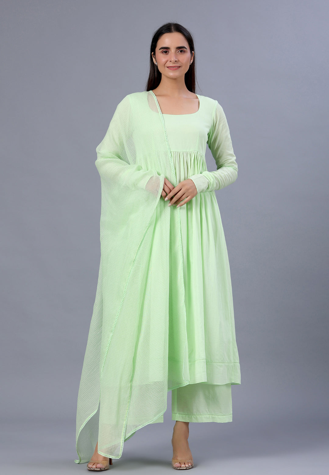 PASTEL PISTA GREEN ANARKALI SUIT SET