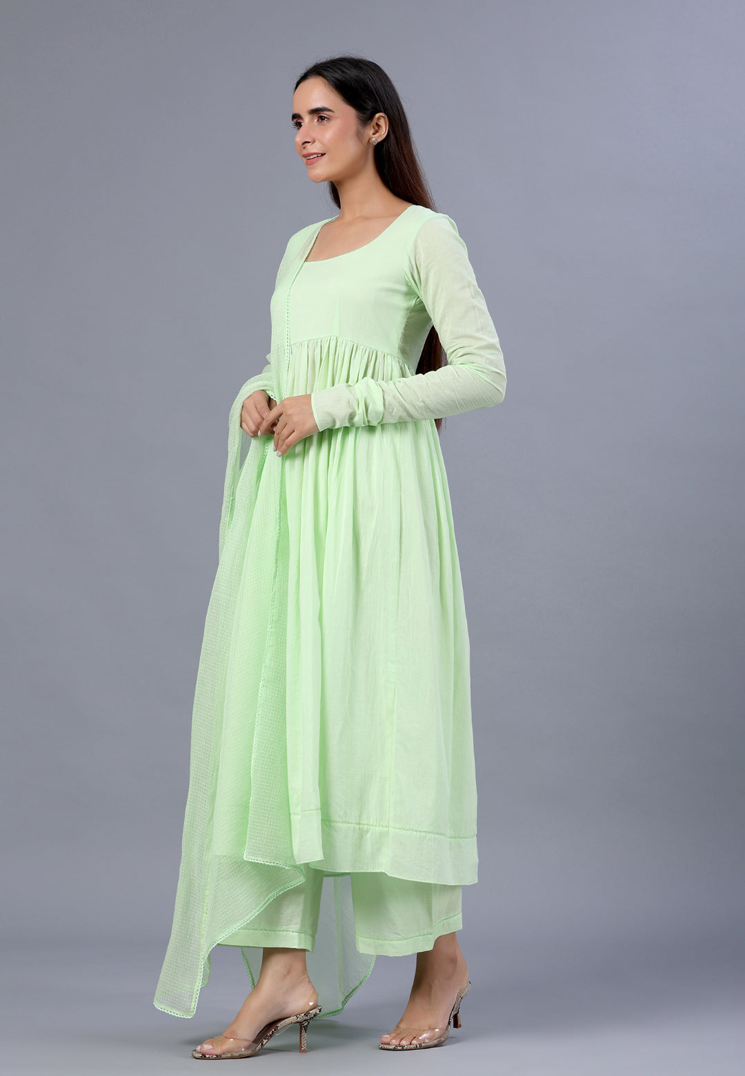 PASTEL PISTA GREEN ANARKALI SUIT SET