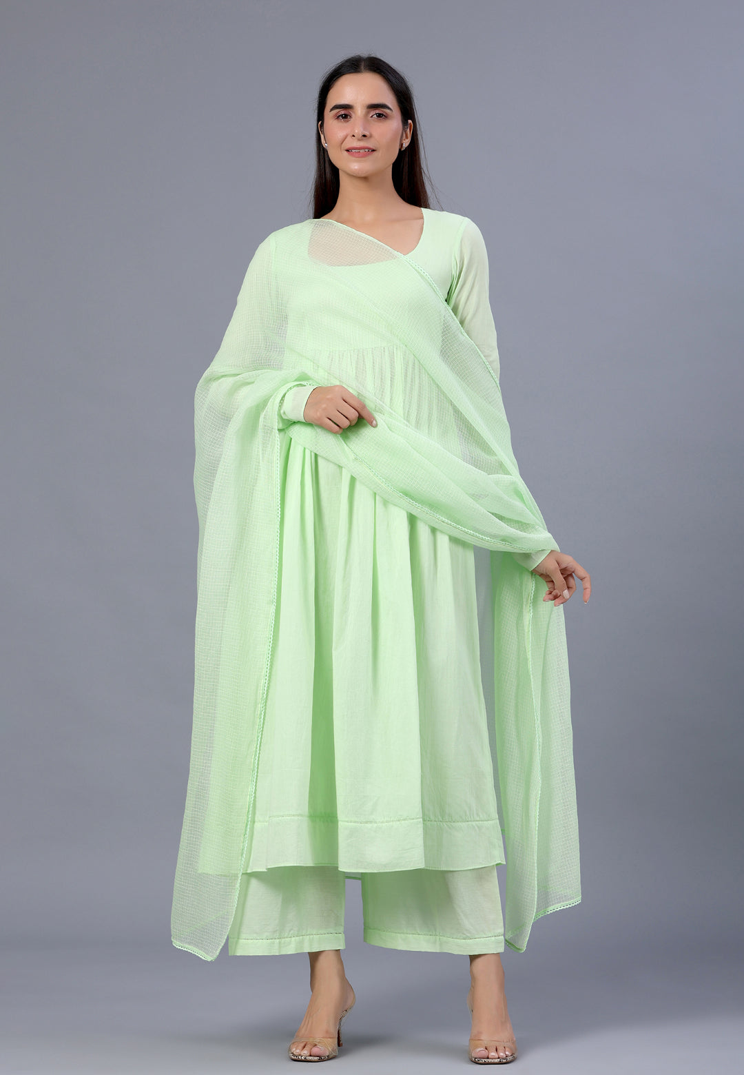PASTEL PISTA GREEN ANARKALI SUIT SET