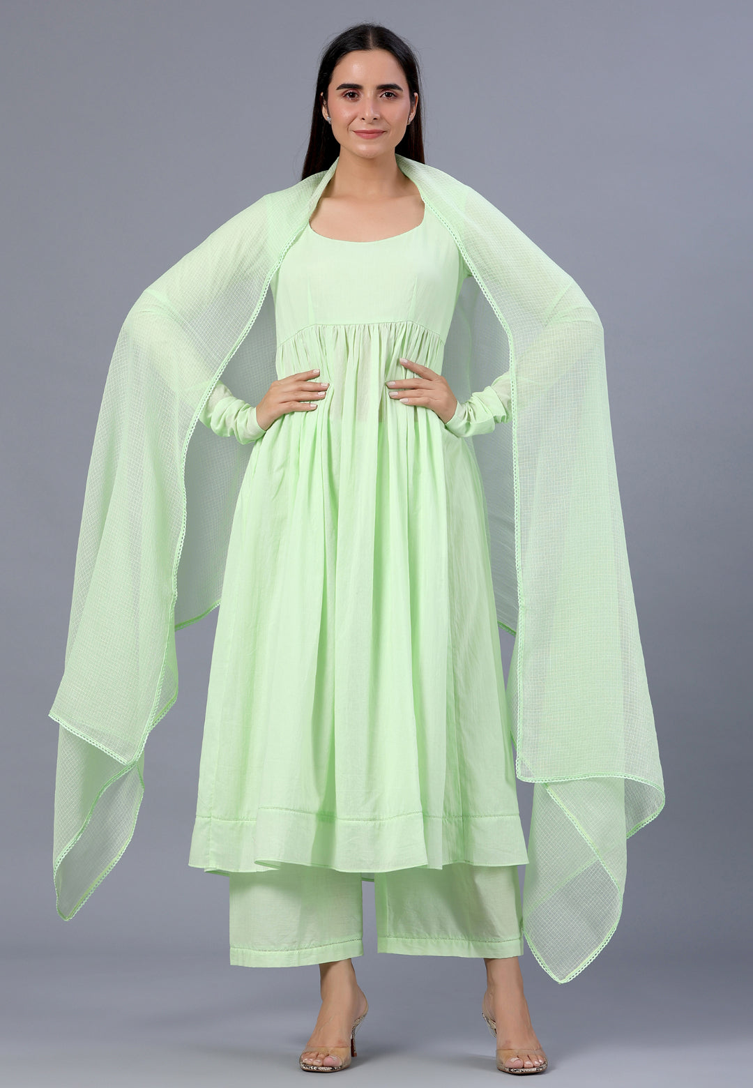 PASTEL PISTA GREEN ANARKALI SUIT SET