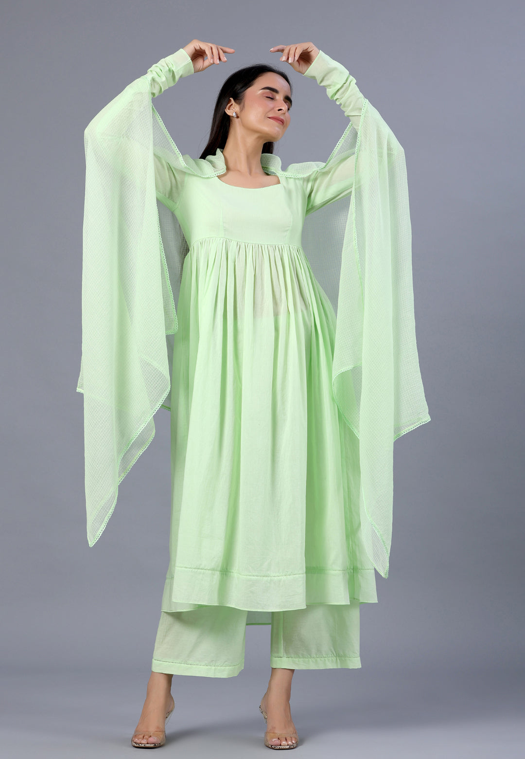 PASTEL PISTA GREEN ANARKALI SUIT SET