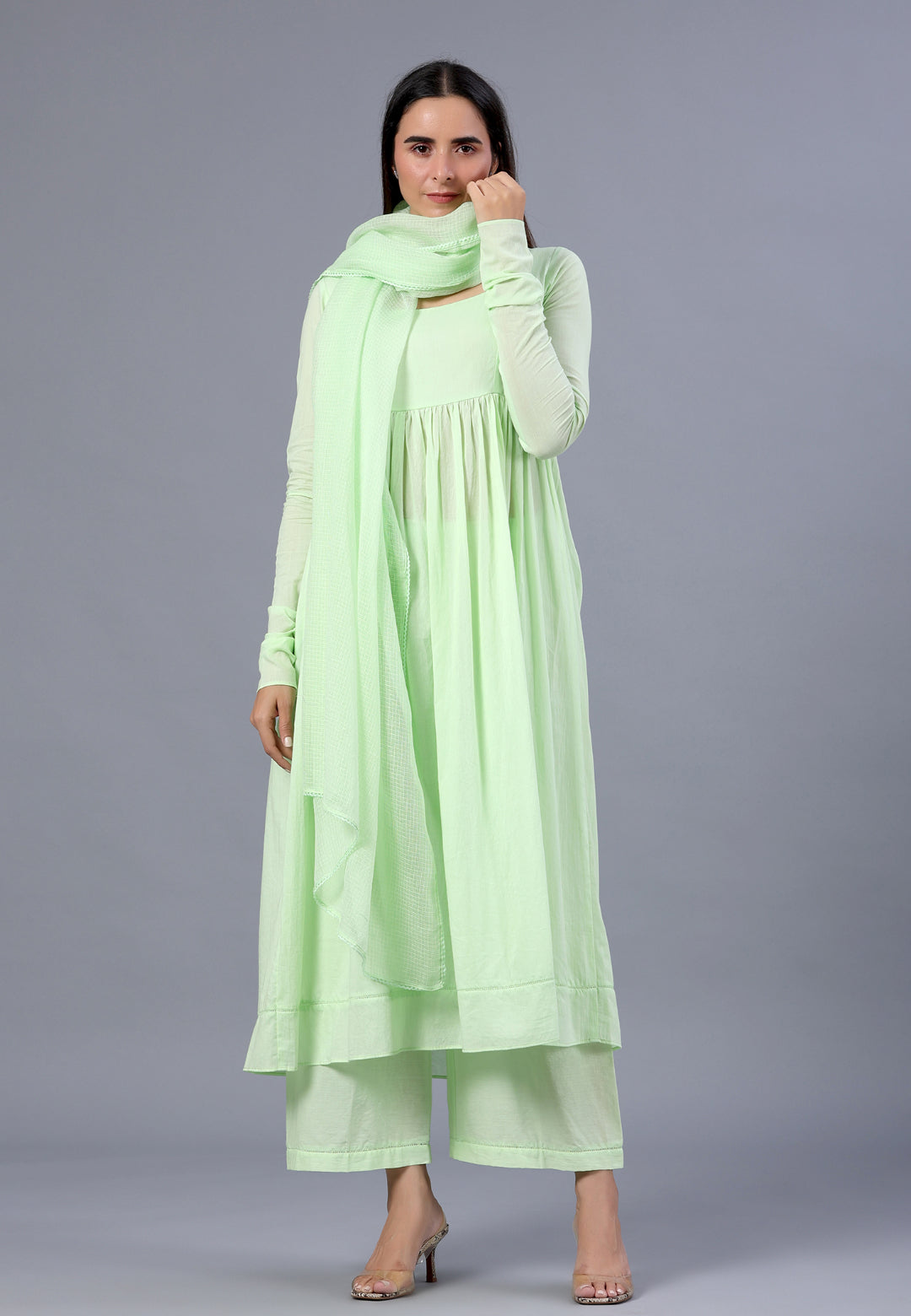 PASTEL PISTA GREEN ANARKALI SUIT SET