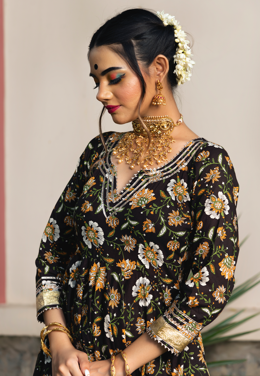 DARK BROWN COTTON ANARKALI SUIT SET