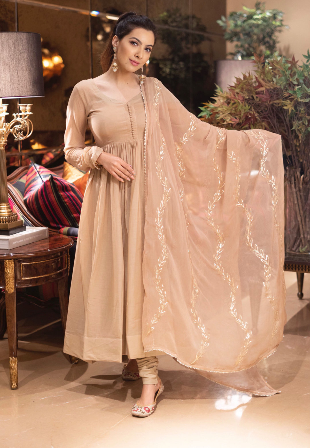 CHAMPAGNE BEIGE GOLD SUIT SET WITH GOTA DUPATTA - Avino Atelier