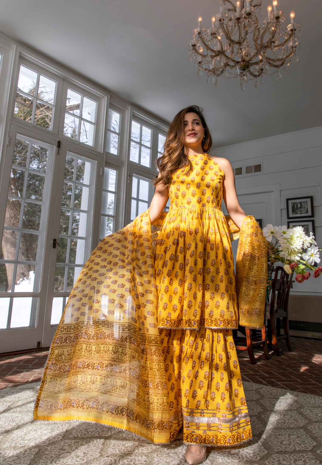 YELLOW HANDBLOCK SHARARA SET